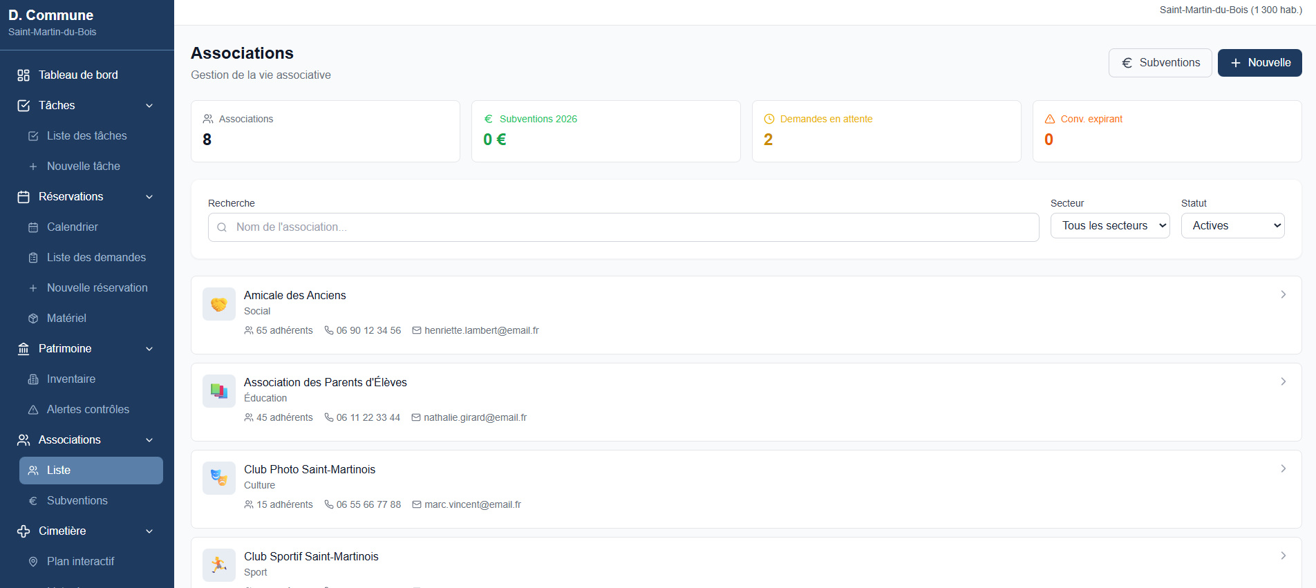 Capture d'écran du module Associations
